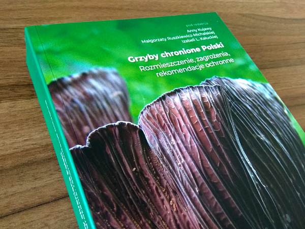 A book lying on a table. On the cover, a dark brown fruiting body of a mushroom on a vivid green background