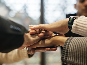 The hands of four people joined together in a gesture expressing teamwork
