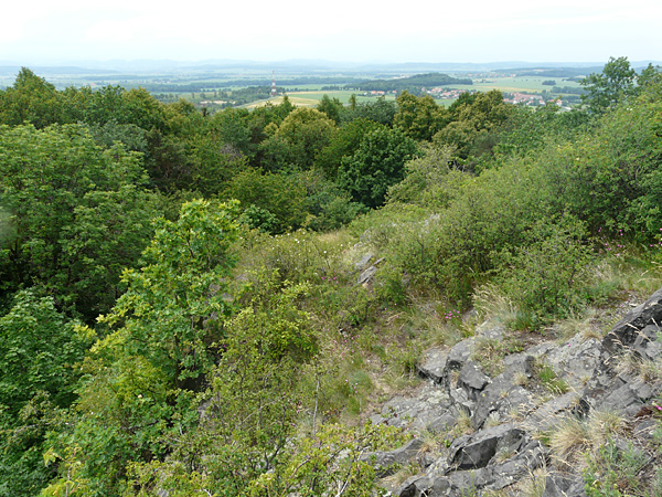 A small rocky hill covered with bushes and, in the lower parts of the slopes, trees, in an agricultural and forest landscape