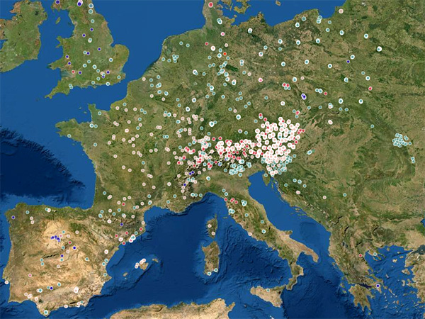 A map made from a processed satellite image of the continent, with a large number of colored dots added to it