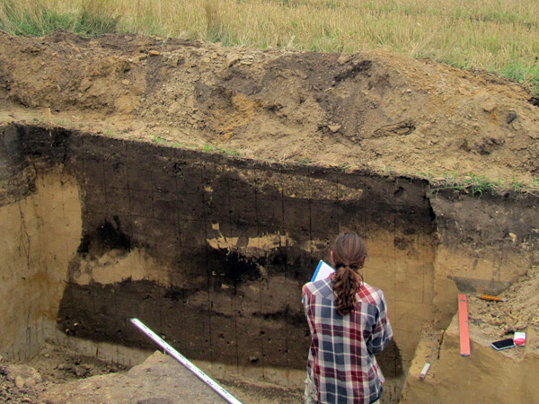 A man in a deep hole in front of an exposed soil profile with dark coloured soil. He sketches something on a sheet of paper