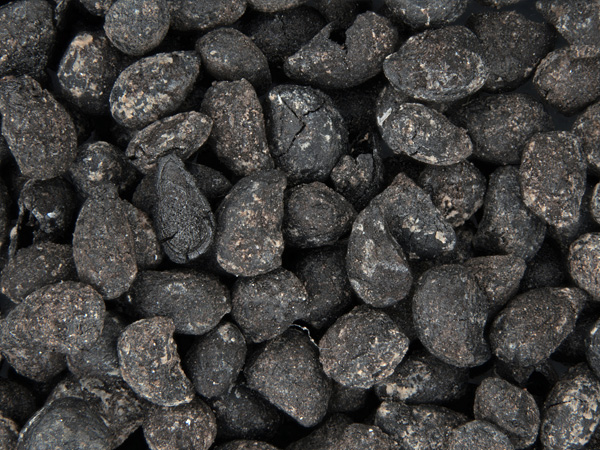 Black as coal, small and almost round objects with a flaky surface. They fill the entire frame