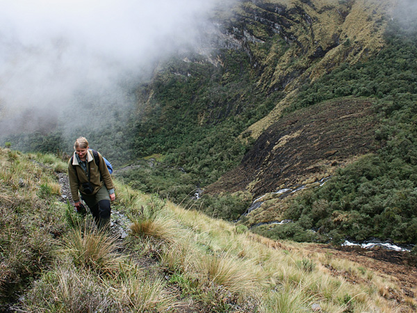 A woman in travel clothes climbs a steep grassy slope. Behind her, a deep, green, misty valley lies below