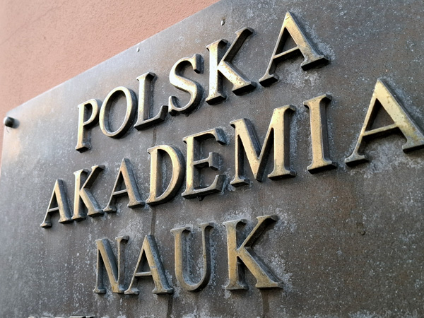 Widoczna pod kątem mosiężna tablica z napisem Polska Akademia Nauk, przymocowana do ściany budynku
